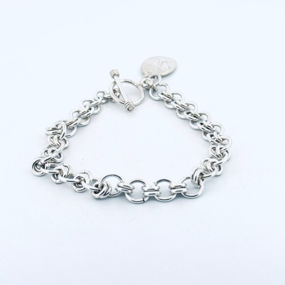 Sterling Silver 925 Double Round Link Charm Bracelet with Engraved K Oval Charm - Picture 4 of 13